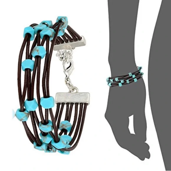 Lucky Brand Turquoise Bead Black Leather Bracelet - Picture 4 of 6